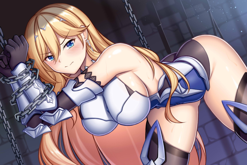 1girl armor armored_leotard ass bianka_durandal_ataegina bianka_durandal_ataegina_(bright_knight:_excelsis) black_gloves black_legwear blue_eyes blush bound bound_wrists breasts chain closed_mouth dungeon earrings elbow_gloves glaring gloves guardian-panda highres honkai_(series) honkai_impact_3rd jewelry large_breasts leaning_forward legs_apart leotard looking_at_viewer shiny shiny_skin sideboob solo thigh-highs