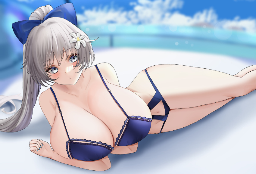 1girl absurdres azur_lane blue_bow blurry blurry_background bow breasts clothing_cutout doinaka eyebrows_visible_through_hair flower grey_eyes grey_hair hair_bow hair_flower hair_ornament high_ponytail highres huge_breasts light_blush long_hair navel_cutout official_alternate_costume one-piece_swimsuit purple_swimsuit solo swimsuit swimwear vittorio_veneto_(azur_lane) vittorio_veneto_(the_flower_of_la_spezia)_(azur_lane) white_flower