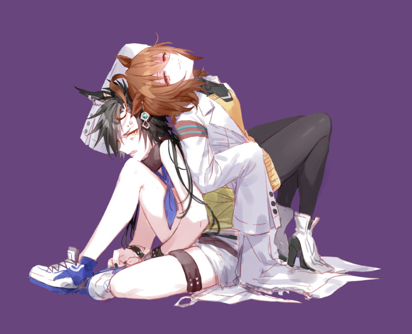 2girls agnes_tachyon_(umamusume) air_shakur_(umamusume) animal_ears back-to-back bags_under_eyes black_hair black_legwear blue_neckwear brown_eyes brown_hair eyebrow_piercing high_heels horse_ears labcoat multiple_girls neckerchief pantyhose piercing purple_background romi_(346_ura) sharp_teeth shoes shorts simple_background sleeves_past_fingers sleeves_past_wrists sneakers sweater teeth umamusume v-shaped_eyebrows white_footwear white_shorts yellow_eyes