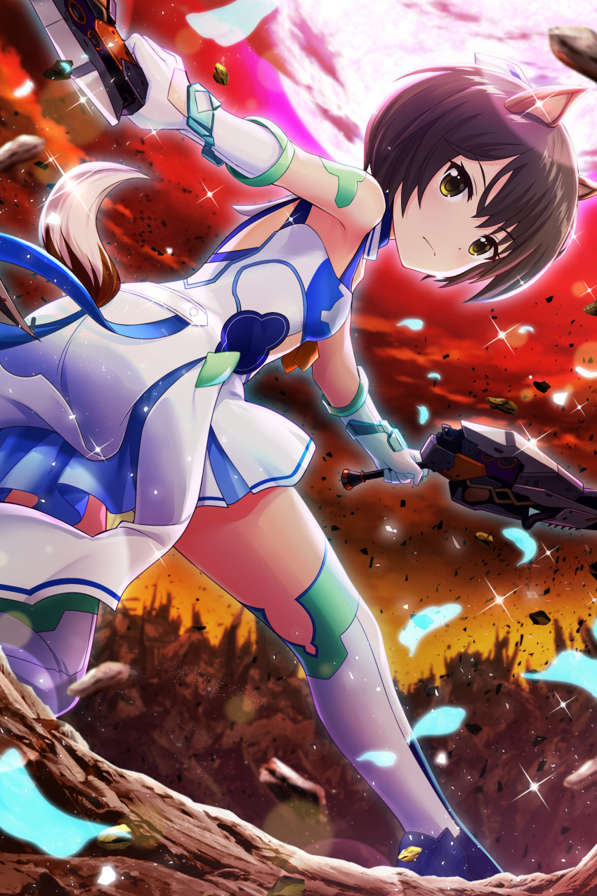 1girl absurdres alternative_girls animal_ears brown_hair closed_mouth dog_ears dog_tail dress eyebrows_visible_through_hair fighting_stance full_moon gloves highres holding holding_weapon looking_at_viewer looking_back moon official_art red_moon red_sky short_hair sky solo tachibana_naomi tail weapon white_dress white_gloves white_legwear yellow_eyes