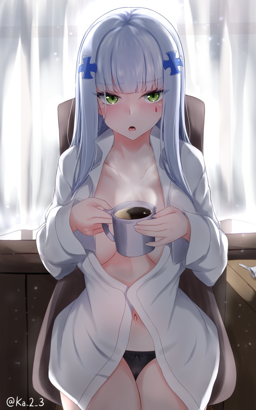 1girl absurdres bangs black_panties blunt_bangs breasts chair coffee collarbone cup curtains dress_shirt drink dust_particles eyebrows_visible_through_hair eyes_visible_through_hair facial_mark facing_viewer girls_frontline green_eyes hair_ornament highres hk416_(girls_frontline) holding holding_cup indoors katsumi-kun large_breasts long_hair long_sleeves looking_at_viewer mug navel no_bra on_chair open_clothes open_mouth open_shirt panties shirt silver_hair sitting solo steam teardrop underwear white_shirt