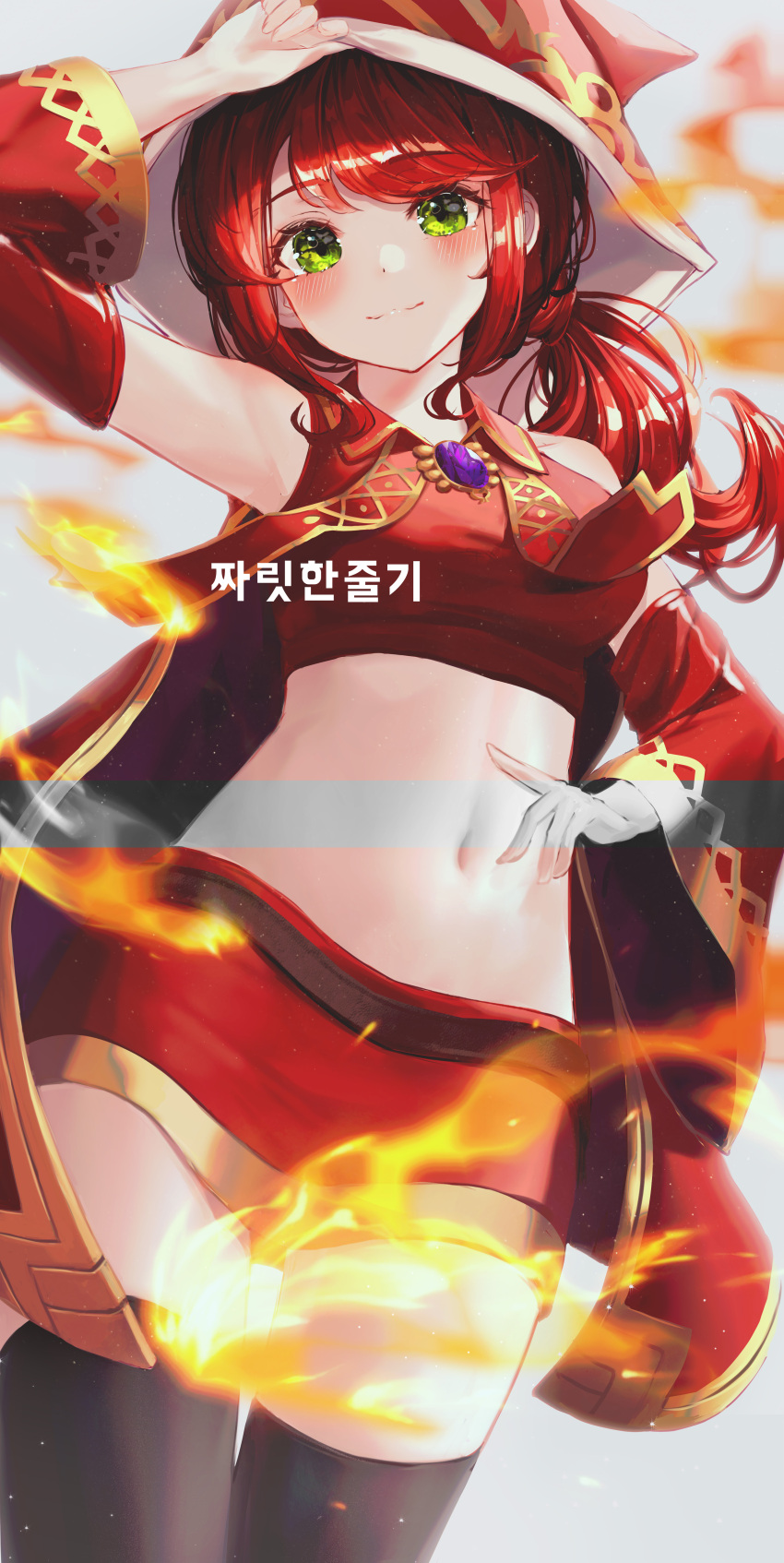 1girl :3 absurdres arm_up armpits bare_shoulders bbeedol black_legwear breasts brooch cloak collared_shirt cowboy_shot crop_top detached_sleeves fire gold_trim green_eyes highres hood jewelry long_hair long_sleeves looking_at_viewer low_ponytail maplestory medium_breasts midriff miniskirt navel oz_(maplestory) red_shirt red_skirt redhead shirt sidelocks skirt sleeveless sleeveless_shirt smile solo stomach thigh-highs thighs wide_sleeves zettai_ryouiki