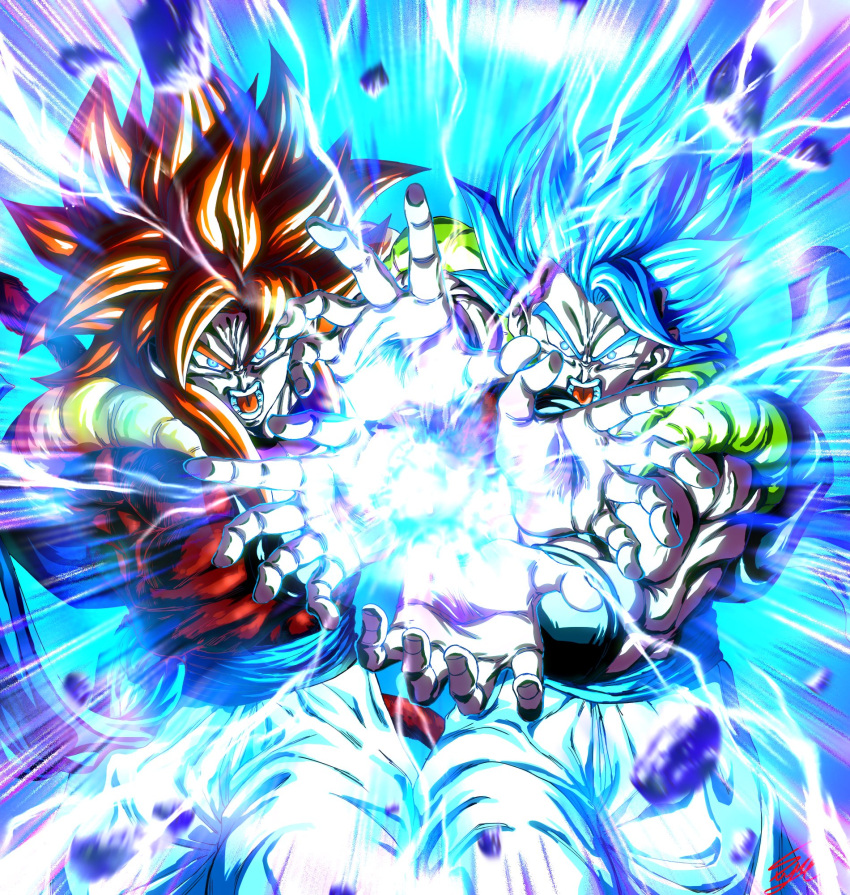 2boys biceps blue_eyes blue_hair commentary dragon_ball dragon_ball_gt dragon_ball_super dragon_ball_super_broly dual_persona energy_beam gogeta highres incoming_attack kamehameha looking_at_viewer male_focus metamoran_vest monkey_boy multiple_boys muscular muscular_male open_mouth red_fur redhead saiyan screaming stynl_f super_saiyan super_saiyan_4 super_saiyan_blue teeth tongue