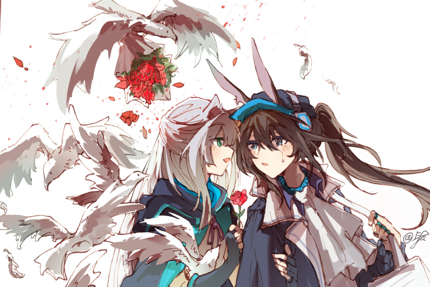 2girls absurdres amiya_(arknights) amiya_(newsgirl)_(arknights) animal_ears arknights arm_grab bird blue_eyes blush bouquet brown_hair cat_ears chinese_commentary cravat e-fa-dorn fingerless_gloves flower gloves green_eyes hat highres jewelry long_hair multiple_girls ponytail rabbit_ears ring rose rosmontis_(arknights) silver_hair sweat yuri