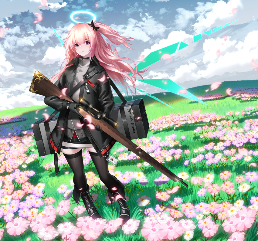 1girl absurdres ambriel_(arknights) arknights bangs black_bow black_footwear black_gloves black_jacket black_legwear blue_sky boots bow clouds day flower full_body gloves grass gun hair_bow halo highres holding holding_gun holding_weapon jacket long_hair long_sleeves looking_at_viewer one_side_up outdoors pantyhose parted_lips petals pink_flower pink_hair rifle sky solo standing thigh-highs violet_eyes wanshuibaipo weapon wings zettai_ryouiki