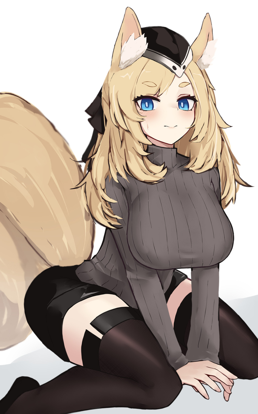 1girl animal_ear_fluff animal_ears arknights bangs black_footwear black_headwear black_shorts blonde_hair blue_eyes blush brown_legwear brown_sweater closed_mouth commentary_request eyebrows_visible_through_hair garrison_cap hair_ribbon hands_on_ground hat highres horse_ears horse_girl horse_tail kitorakito long_hair looking_at_viewer ribbed_sweater ribbon shoes short_eyebrows short_shorts shorts sitting solo sweater tail thigh-highs thighs turtleneck turtleneck_sweater wariza whislash_(arknights) white_background