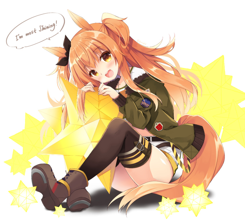 1girl :d animal_ears boots brown_eyes brown_footwear brown_hair brown_legwear commentary_request english_text engrish_text full_body fur-trimmed_jacket fur_trim green_jacket horse_ears horse_girl horse_tail jacket long_hair long_sleeves looking_at_viewer mayano_top_gun_(umamusume) open_clothes open_jacket open_mouth purinpurin ranguage shadow shirt short_shorts shorts sitting smile solo speech_bubble tail thigh-highs thighhighs_under_boots twintails two_side_up umamusume very_long_hair white_background white_shirt white_shorts