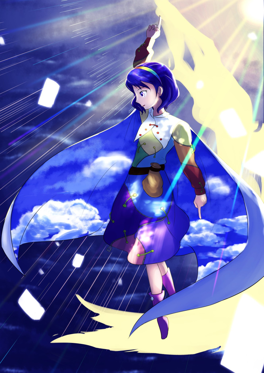 1girl artist_request blue_eyes blue_hair boots cape dress full_body highres long_sleeves multicolored multicolored_clothes multicolored_dress multicolored_hairband open_mouth pink_footwear pointing pointing_down pointing_up rainbow_gradient red_button short_hair sky_print tenkyuu_chimata two-sided_cape two-sided_fabric unconnected_marketeers white_cape