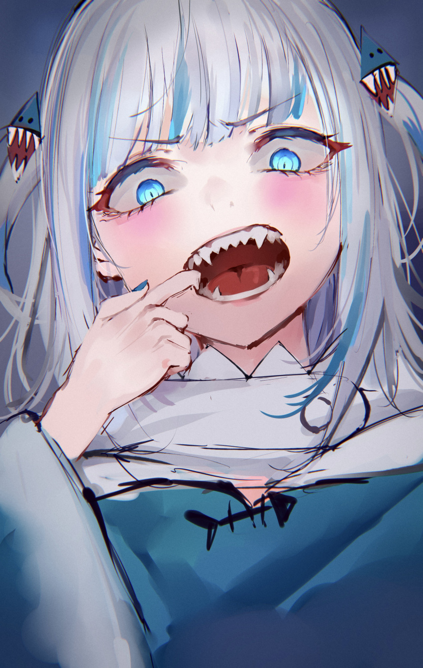 1girl absurdres bangs blue_eyes blue_hair blue_hoodie blue_nails blunt_bangs blush bottom_teeth eyebrows_visible_through_hair fangs finger_in_mouth gawr_gura hair_ornament highres hololive hood hood_down hoodie looking_at_viewer medium_hair mile_(off8mile) multicolored_hair open_mouth portrait sharp_teeth slit_pupils solo streaked_hair teeth two_side_up v-shaped_eyebrows virtual_youtuber white_hair