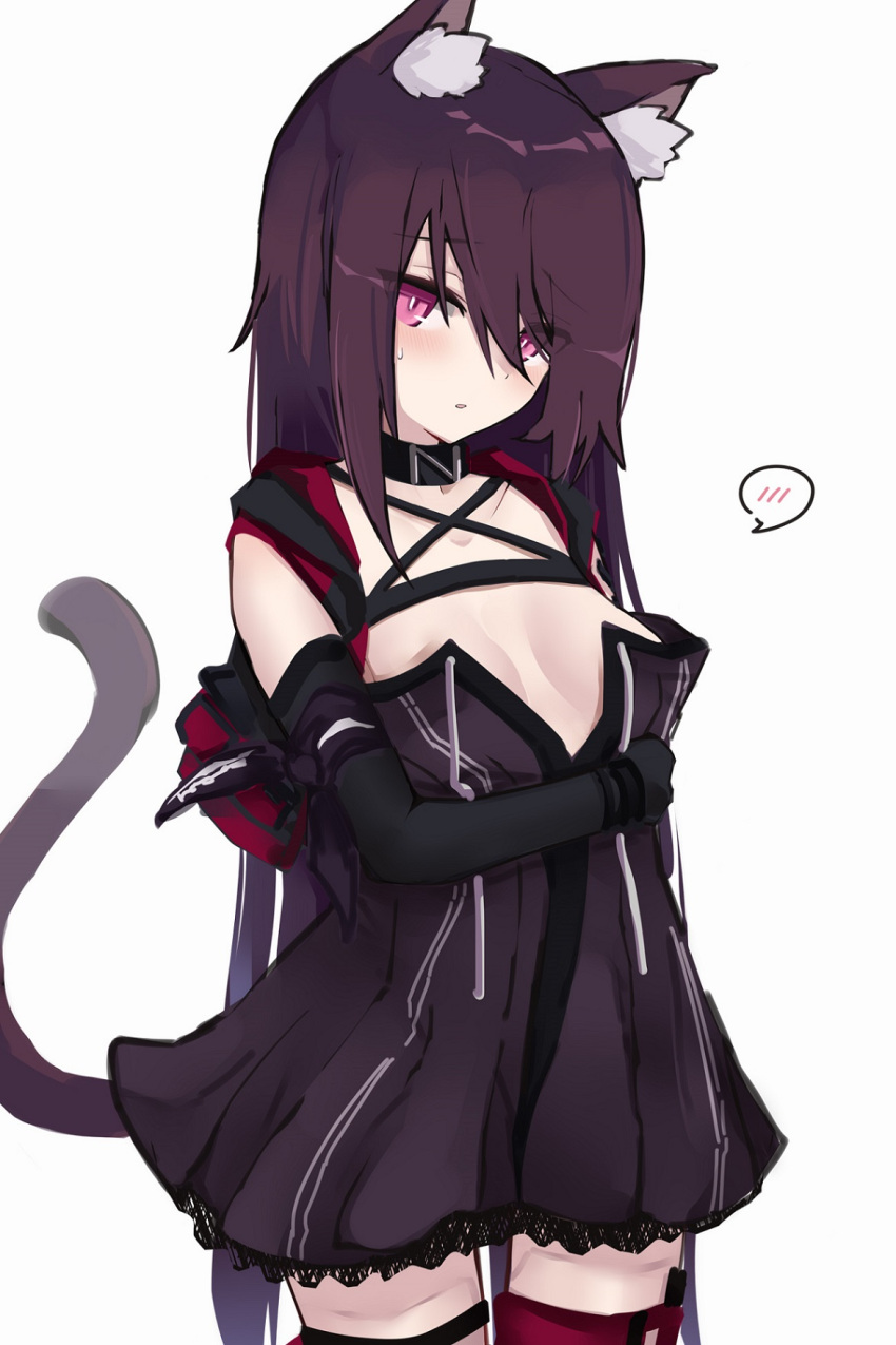 1girl animal_ear_fluff animal_ears arknights bangs breasts cat_ears cat_girl cat_tail commentary_request cowboy_shot dress elbow_gloves eyebrows_visible_through_hair gloves highres kitorakito long_hair looking_at_viewer medium_breasts melantha_(arknights) purple_dress purple_hair short_dress simple_background solo standing tail violet_eyes white_background