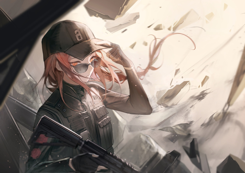 1girl 52hertz arknights ash_(rainbow_six_siege) assault_rifle baseball_cap black_clothes black_gloves black_jacket braid braided_ponytail fingerless_gloves gloves gun hat highres holding holding_gun holding_weapon jacket long_hair looking_at_viewer rainbow_six_siege red_eyes redhead rifle solo sunglasses tactical_clothes upper_body weapon