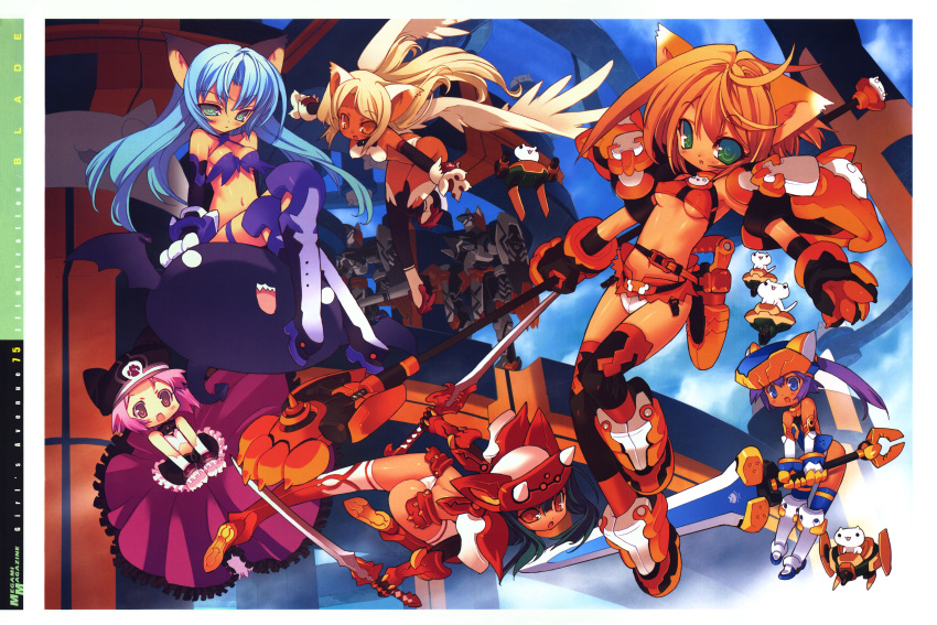 2000s_(style) 6+girls absurdres animal_ears ass blade_(galaxist) cat_ears cat_paws choker claws dark_skin dark-skinned_female dress flat_chest flying frills girl's_avenue gloves highres mecha megami_magazine multiple_girls original paw_gloves paws polearm scan sword thigh-highs weapon wings
