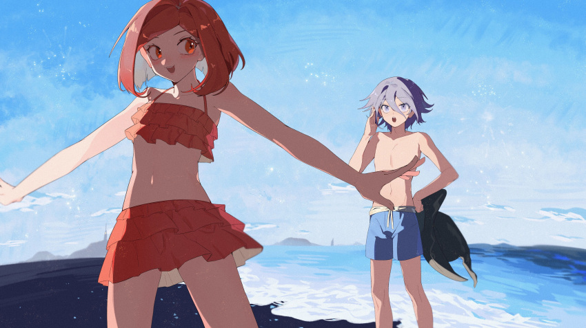 1boy 1girl :d absurdres bangs bare_arms bare_shoulders beach bikini bikini_skirt black_headwear blush collarbone commentary_request cowboy_shot dangan_ronpa_(series) dangan_ronpa_v3:_killing_harmony day feet_out_of_frame hair_between_eyes hand_up hat hat_removed headwear_removed highres holding holding_clothes holding_hat jazy layered_bikini layered_skirt looking_at_another male_swimwear navel ocean open_mouth ouma_kokichi outdoors red_bikini red_eyes redhead shirtless short_hair silver_hair skirt sky smile stomach swim_trunks swimsuit swimwear upper_teeth water witch_hat yumeno_himiko