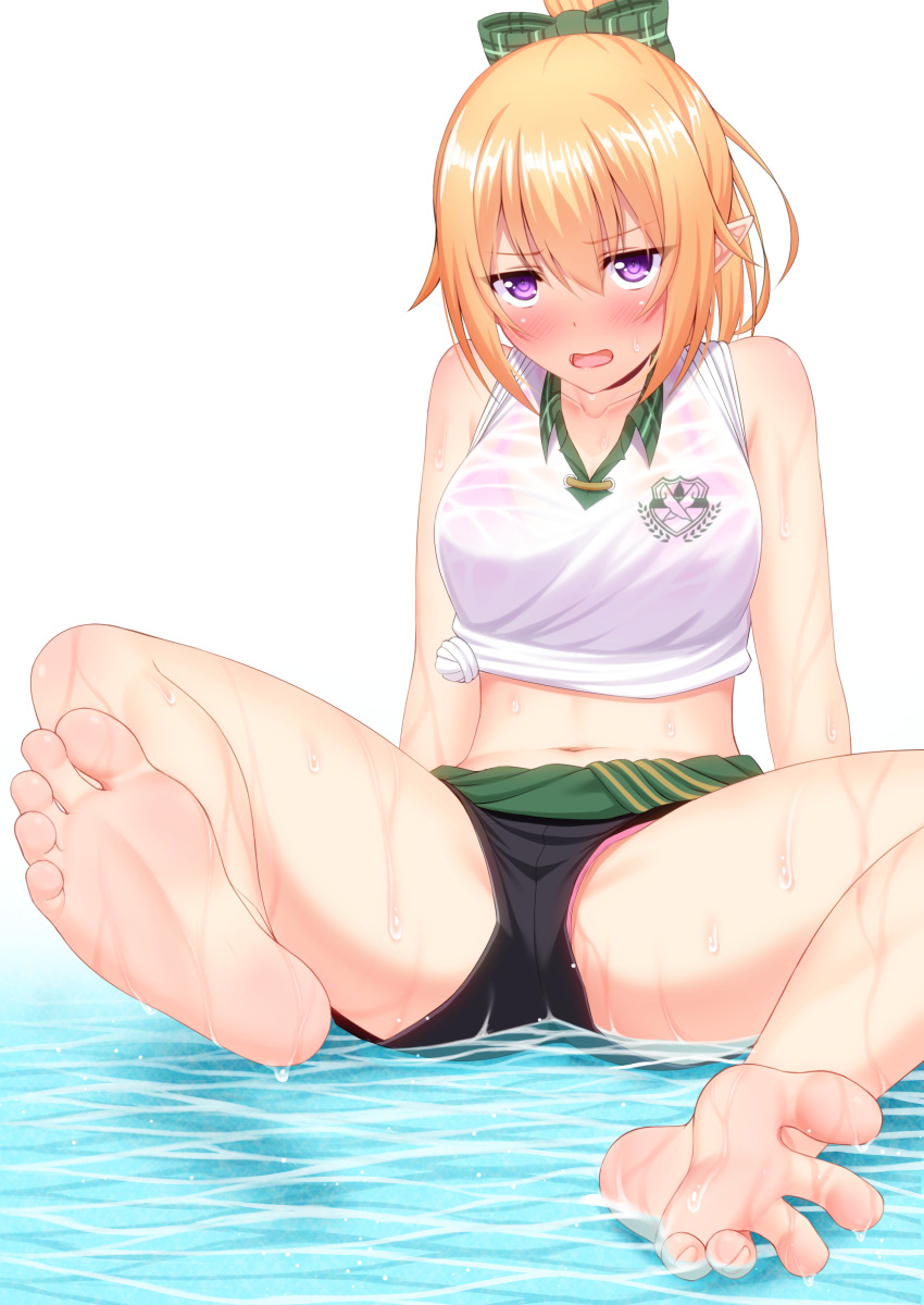 1girl absurdres bangs blonde_hair blush bow breasts chloe_(princess_connect!) choker collarbone feet green_bow hair_between_eyes hair_bow highres large_breasts legs long_hair looking_at_viewer midriff navel open_mouth pointy_ears ponytail princess_connect! princess_connect!_re:dive shirouzu_myuuta shirt short_sleeves sidelocks sitting sleeves_rolled_up soles sweat tied_shirt toes violet_eyes water wet wet_clothes