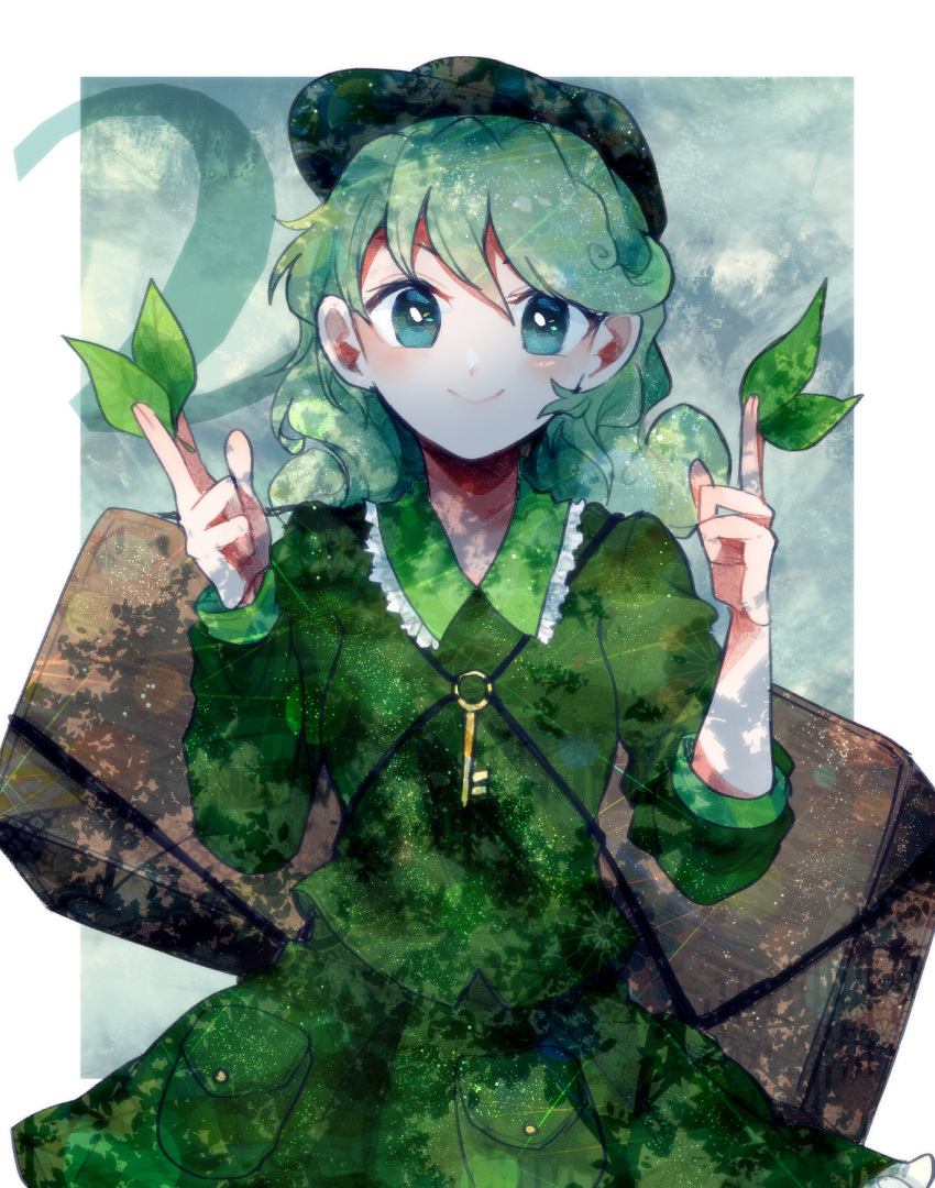 1girl bangs closed_mouth dress green_background green_dress green_eyes green_hair green_headwear hair_between_eyes hands_up hat highres itomugi-kun key key_necklace leaf leaf_background long_sleeves looking_at_viewer petals short_hair smile solo touhou yamashiro_takane