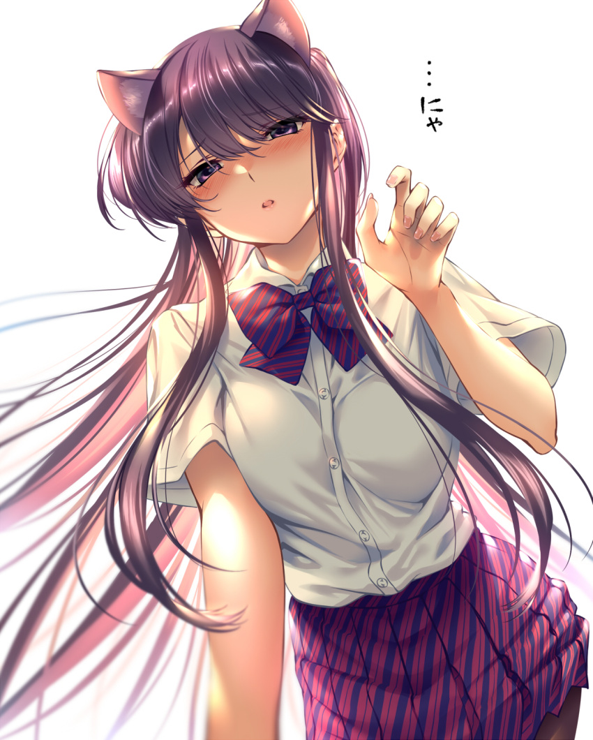 1girl animal_ears bangs blush cat_ears commentary_request eyebrows_visible_through_hair hair_between_eyes highres komi-san_wa_komyushou_desu komi_shouko long_hair looking_at_viewer pantyhose paw_pose piromizu school_uniform skirt solo translation_request