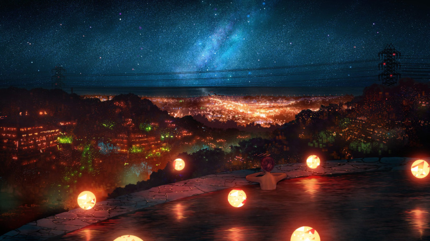 1girl bathing blue_sky building circle commentary_request hair_bun highres hill nebula night night_sky nude ocean original outdoors partially_submerged power_lines redhead scenery shuu_illust sky solo star_(sky) starry_sky torii transmission_tower very_wide_shot