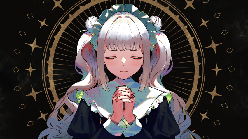 1girl absurdres backlighting bangs black_background black_dress bonnet closed_eyes double_bun dress facing_viewer hands_together highres kagura_gumi kagura_mea light_frown mira_(vocaloid) nail_polish nun official_art praying rakuichi red_nails solo twintails upper_body virtual_youtuber white_hair