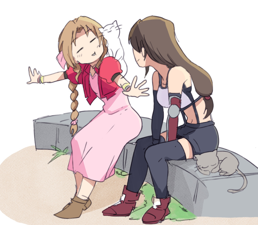 2girls aerith_gainsborough bangs bare_shoulders black_hair black_legwear black_skirt bow braid braided_ponytail breasts brown_hair cat closed_eyes collarbone couple cropped_jacket dress final_fantasy final_fantasy_vii final_fantasy_vii_remake gloves jacket long_dress long_hair multiple_girls pink_bow pink_dress puffy_short_sleeves puffy_sleeves red_jacket short_sleeves sidelocks skirt suspender_skirt suspenders tank_top tifa_lockhart tsubobot white_cat white_tank_top yuri