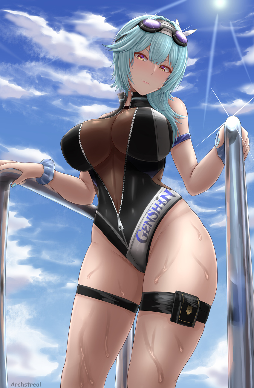 1girl archstreal artist_name bangs bare_shoulders blue_hair blue_nails blush breasts closed_mouth eula_(genshin_impact) from_below genshin_impact goggles goggles_on_head hairband hand_on_railing highres large_breasts looking_at_viewer looking_down medium_hair nail_polish outdoors railing sky solo swimsuit thigh_pouch thigh_strap thighs wet yellow_eyes zipper