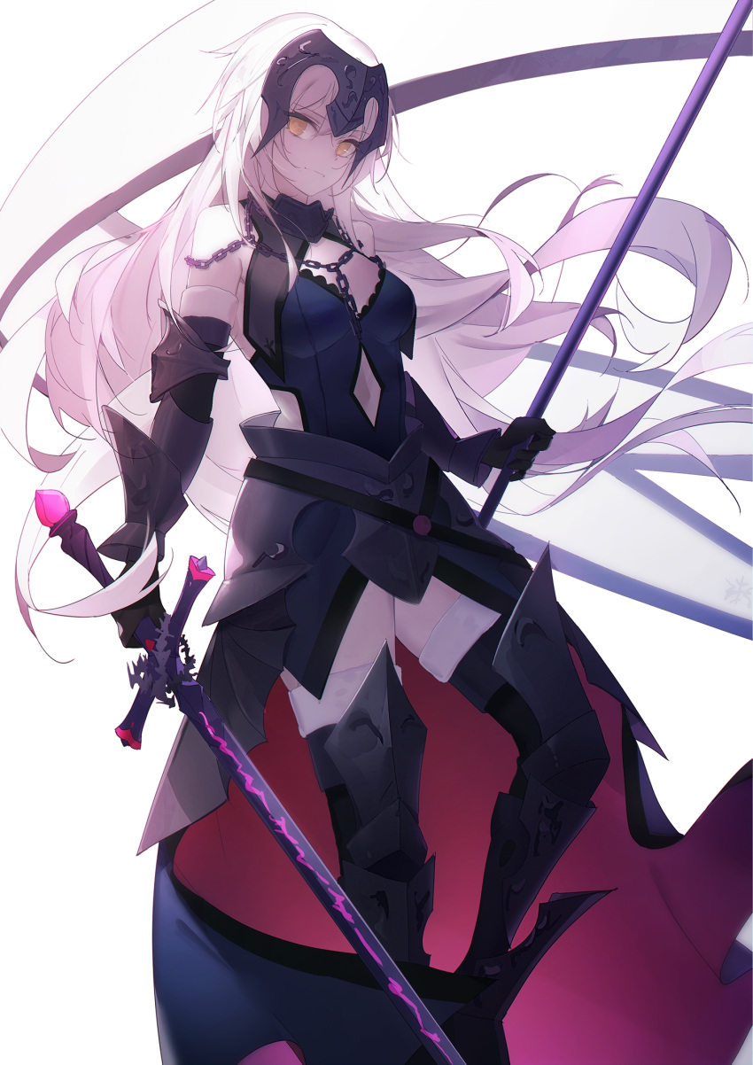 1girl armor armored_dress black_dress black_gloves black_legwear breasts chain dress fate/grand_order fate_(series) flag gloves highres holding holding_flag holding_sword holding_weapon jeanne_d'arc_(alter)_(fate) jeanne_d'arc_(fate)_(all) long_hair looking_at_viewer luozhou_pile silver_hair simple_background smile solo sword weapon white_background yellow_eyes