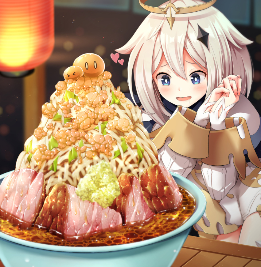 &gt;_&lt; 0_0 1girl :d blue_eyes blush bowl drooling food genshin_impact hair_ornament halo happy heart highres lantern long_sleeves meat noodles open_mouth paimon_(genshin_impact) ramen saliva slime_(genshin_impact) smile solo soup table wa_yuta white_hair