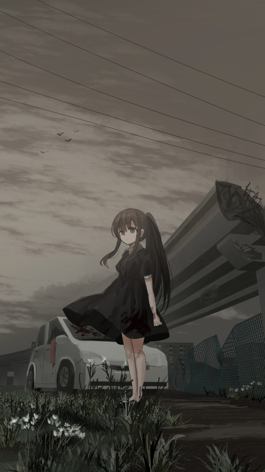 1girl 1other absurdres black_dress black_footwear black_hair blood bloody_clothes broken broken_window brown_eyes building car chihuri clouds cloudy_sky collared_dress dress fence flower ground_vehicle highres long_hair motor_vehicle original outdoors overpass ponytail power_lines puffy_short_sleeves puffy_sleeves shoes short_sleeves sky solo_focus very_long_hair white_flower yana_(chihuri) younger