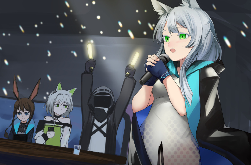 1other 3girls ambiguous_gender amiya_(arknights) animal_ears ao_oni_(onioni-aoi) arknights arms_up bangs black_jacket blue_eyes blue_gloves brown_hair cat_ears cat_girl cup doctor_(arknights) dress drinking_glass fingerless_gloves gloves glowstick green_dress green_eyes highres holding holding_microphone hood hood_up hooded_jacket infection_monitor_(arknights) jacket kal'tsit_(arknights) long_hair long_sleeves lynx_ears microphone multiple_girls music off-shoulder_dress off_shoulder open_clothes open_jacket rabbit_ears rabbit_girl rosmontis_(arknights) short_hair silver_hair singing