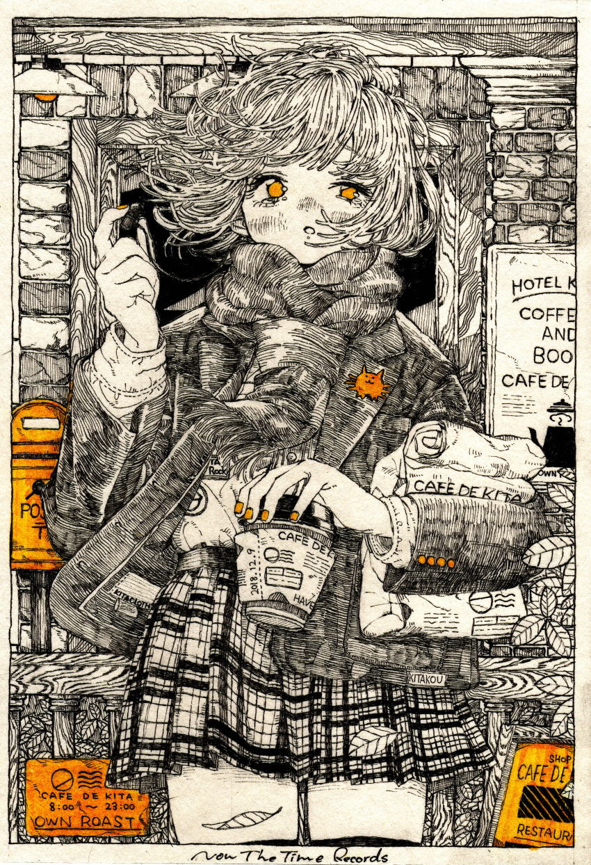 1girl absurdres bag bangs black_jacket brick_wall cowboy_shot cup hand_up highres holding holding_cup jacket kitamurashu leaf long_sleeves looking_at_viewer monochrome original plaid plaid_skirt pleated_skirt shoulder_bag skirt solo spot_color yellow_eyes yellow_nails