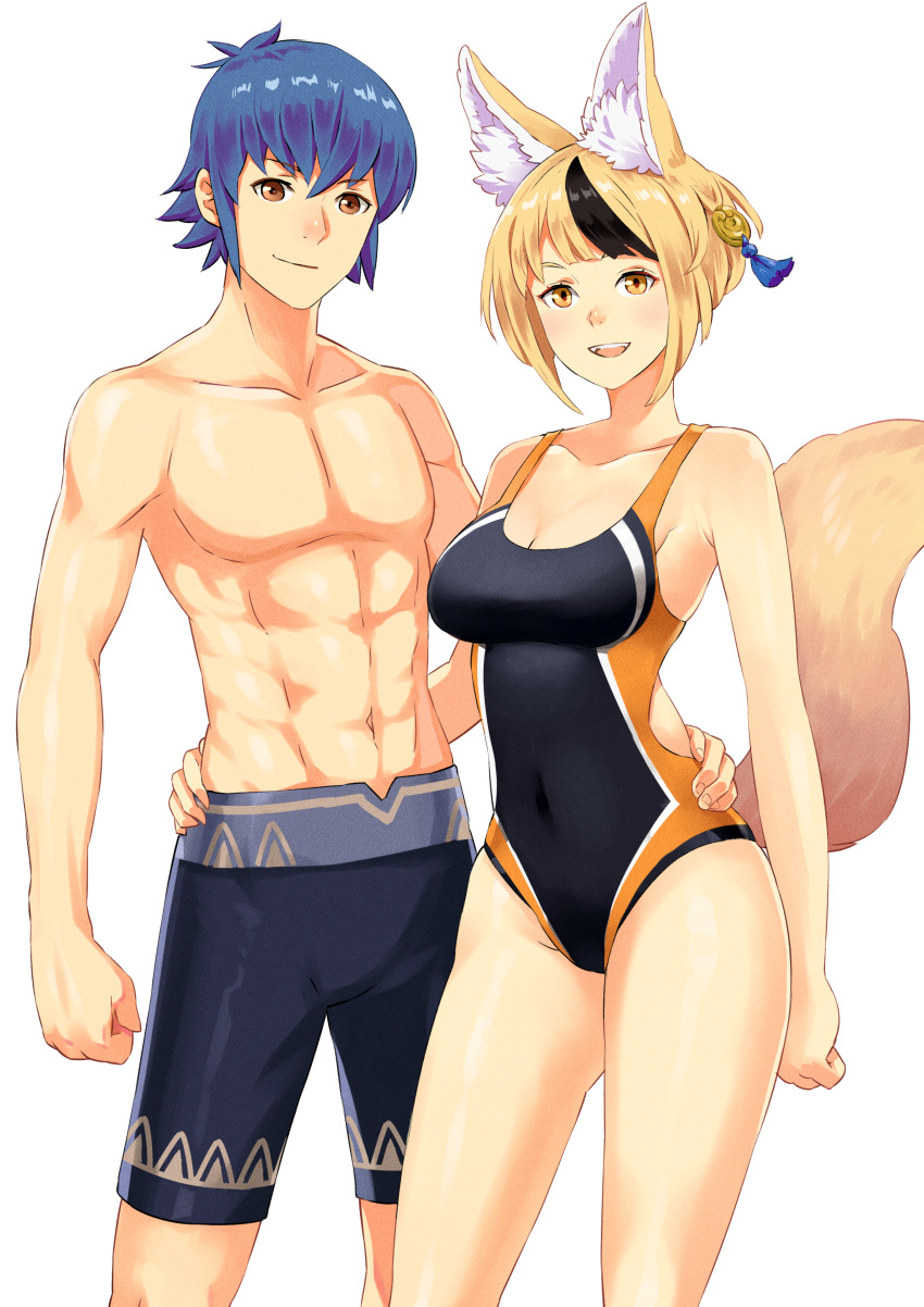 1boy 1girl absurdres animal_ear_fluff animal_ears bangs blonde_hair blue_hair brown_hair commission commissioner_upload competition_swimsuit couple fire_emblem fire_emblem_fates fox_ears fox_girl fox_tail hair_ornament hand_on_another's_hip highres igni_tion kiragi_(fire_emblem) looking_at_viewer male_swimwear one-piece_swimsuit selkie_(fire_emblem) simple_background smile swim_trunks swimsuit swimwear tail toned toned_male