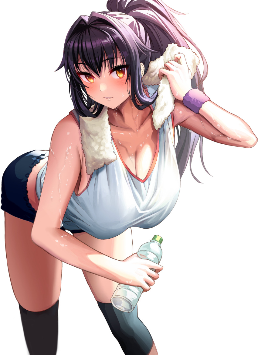 1girl absurdres bangs bare_shoulders bent_over blush bottle breasts gibagiba high_ponytail highres holding holding_bottle kneehighs large_breasts original purple_hair short_shorts shorts sidelocks sweat tank_top towel water_bottle white_tank_top white_towel wristband yellow_eyes