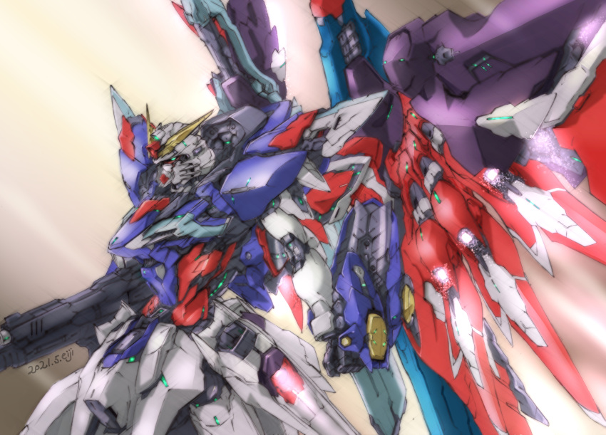 artist_name clenched_hand dated destiny_gundam eiji_(tfkn2723) green_eyes gun gundam gundam_seed gundam_seed_destiny highres holding holding_gun holding_weapon looking_ahead mecha mobile_suit no_humans science_fiction solo thrusters v-fin weapon