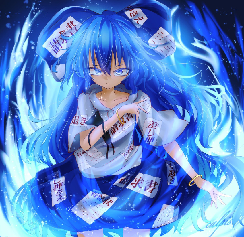 1girl aura blue_background blue_bow blue_fire blue_hair blue_skirt bow bracelet calpis118 closed_mouth debt fire glowing hair_between_eyes hair_bow highres hood hood_down jewelry long_hair looking_at_viewer skirt solo stuffed_animal stuffed_cat stuffed_toy touhou yorigami_shion