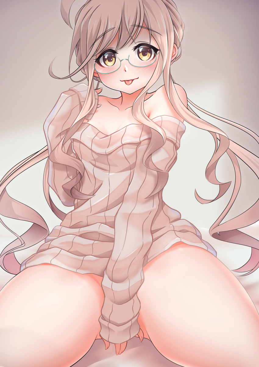 1girl absurdres ahoge alternate_costume bare_shoulders breasts brown_sweater collarbone convenient_arm double_bun glasses highres kantai_collection light_brown_hair long_sleeves makigumo_(kancolle) makura_(user_jpmm5733) no_panties off-shoulder_sweater off_shoulder ribbed_sweater sitting sleeves_past_wrists small_breasts solo sweater tongue tongue_out twintails