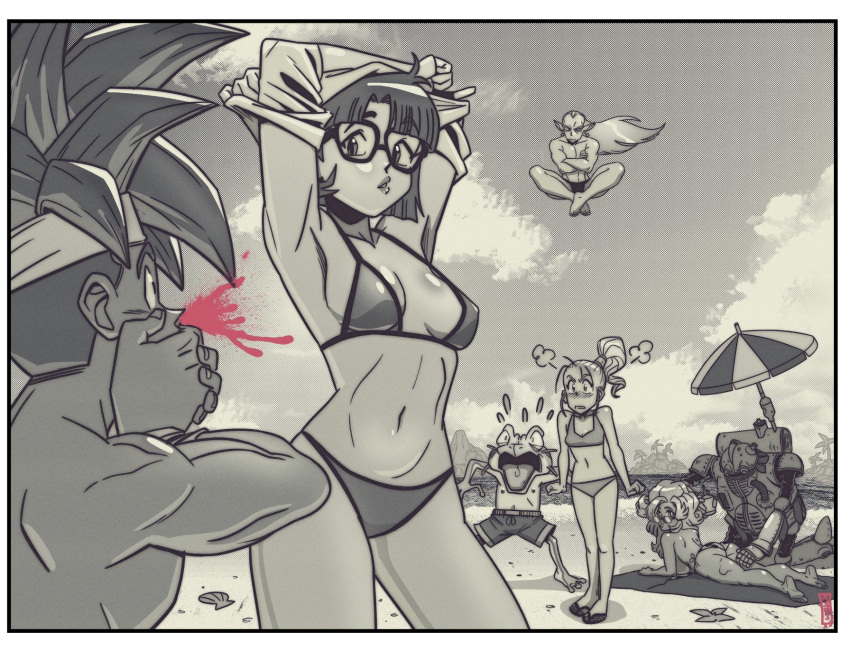 armpits arms_up ayla_(chrono_trigger) beach bikini blood border breasts chrono_trigger covering_mouth crono_(chrono_trigger) earrings flip-flops floating flying_sweatdrops frog_(chrono_trigger) glasses greyscale hair_tubes headband highres jewelry levitation long_hair lucca_ashtear magus_(chrono_trigger) male_swimwear marle_(chrono_trigger) medium_breasts monochrome muscular muscular_male navel nosebleed parted_lips pointy_ears ponytail robo_(chrono_trigger) robot ryan_jampole sandals signature sky small_breasts spiky_hair spot_color sunglasses swim_briefs swim_trunks swimsuit swimwear tree undressing white_border