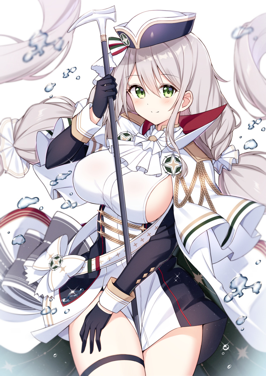 1girl aiguillette aquila_(azur_lane) ascot azur_lane bangs between_thighs black_dress black_gloves blush breasts cape closed_mouth commentary cowboy_shot dress epaulettes eyebrows_visible_through_hair floating_hair gloves green_cape green_eyes hair_between_eyes hammer hat highres holding holding_hammer large_breasts long_hair long_sleeves looking_at_viewer low-tied_long_hair low_twintails sideboob sidelocks silver_hair simple_background smile solo standing t@ke-g thigh_strap twintails two-tone_cape two-tone_dress very_long_hair war_hammer weapon white_background white_cape white_dress white_headwear white_neckwear