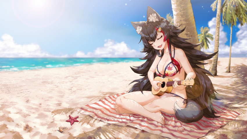 1girl absurdres aesice animal_ear_fluff animal_ears bangs beach bikini black_hair breasts clouds eyebrows_visible_through_hair flipped_hair hair_between_eyes hair_ornament hairclip highlights highres hololive indian_style instrument long_hair multicolored_hair ookami_mio open_mouth outdoors palm_tree redhead sand seashell shadow shell side-tie_bikini sidelocks sitting sky smile solo starfish streaked_hair swimsuit tail tree ukulele very_long_hair virtual_youtuber wolf_ears wolf_girl wolf_tail
