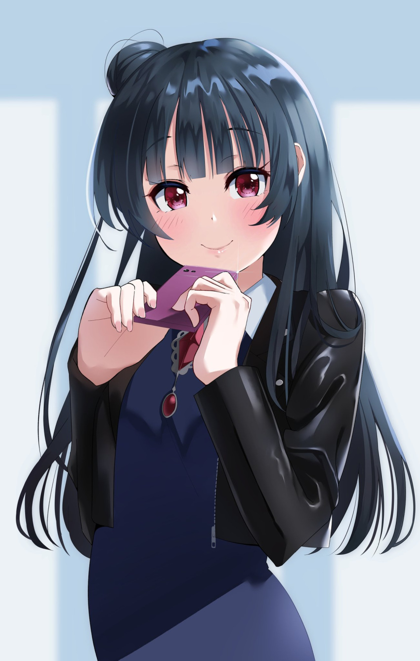 1girl bangs black_jacket blue_dress blue_hair cellphone dress eyebrows_visible_through_hair hair_bun highres holding igarashi_kyouhei jacket leather leather_jacket lips long_hair long_sleeves looking_at_viewer love_live! love_live!_sunshine!! nail_polish phone pink_lips red_eyes shiny shiny_clothes shiny_hair side_bun smartphone smile tsushima_yoshiko upper_body