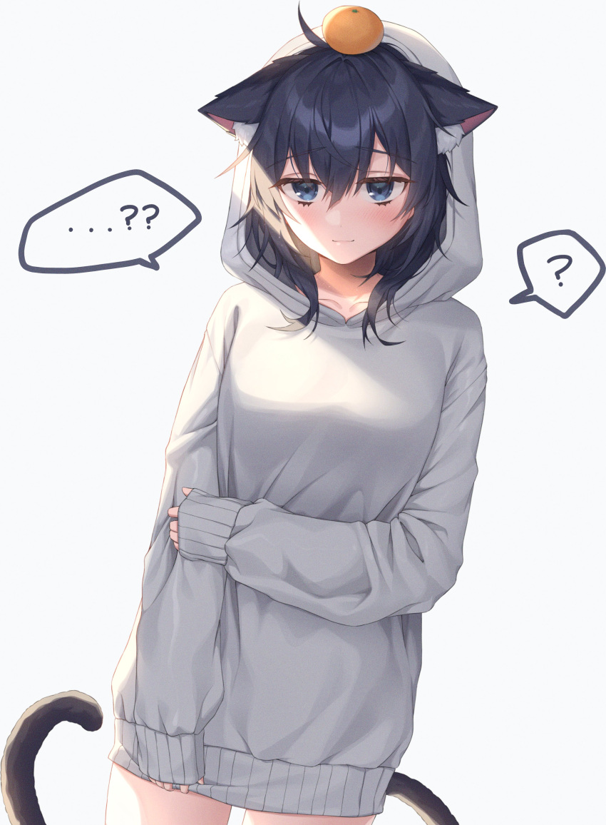 ... ...? ? ?? absurdres ahoge animal_ear_fluff animal_ears black_hair blue_eyes blush borrowed_character breasts cat_ears cat_girl cat_tail collarbone commentary_request eyebrows_visible_through_hair food food_on_head fruit fruit_on_head grey_hoodie hair_between_eyes highres holding_own_arm hood hood_up hoodie long_hair long_sleeves looking_at_viewer object_on_head orange_(food) original sleeves_past_wrists spoken_ellipsis spoken_question_mark tail xiho_(suna) yokoyama_ishimi