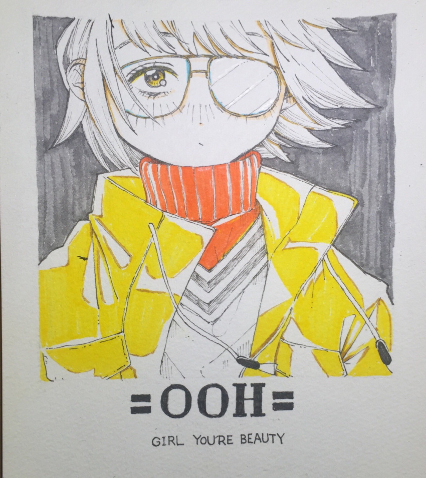 1girl bangs drawstring english_text glasses grey_background highres jacket kitamurashu limited_palette original red_sweater short_hair solo sweater white_hair yellow_eyes yellow_jacket