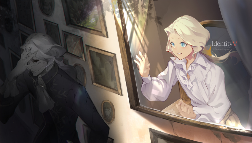 1boy blue_eyes bow chair copyright_name cravat hair_bow hand_on_own_face highres identity_v indoors joseph_desaulniers long_sleeves multiple_views picture_(object) ponytail smile split_theme upper_body white_hair yellow_bow zizero