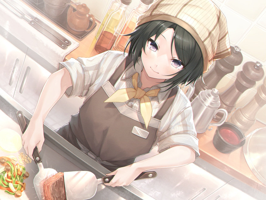 1girl apron bangs black_hair blush bottle brown_apron brown_headwear collared_shirt commentary_request cooking eyebrows_visible_through_hair food hasumi_(hasubatake39) highres holding holding_spatula indoors kitchen looking_at_viewer neckerchief original shirt short_sleeves smile solo spatula standing striped striped_shirt teapot violet_eyes white_shirt yellow_neckwear
