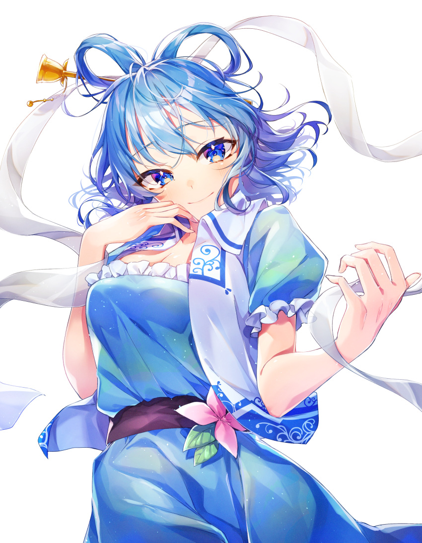 1girl absurdres blue_dress blue_eyes blue_hair breasts closed_mouth commentary_request dress eyebrows_visible_through_hair floating_hair flower hagoromo hair_ornament hair_rings hair_stick hand_on_own_face hand_to_own_mouth highres imoko_hyp kaku_seiga looking_at_viewer medium_breasts pink_flower puffy_short_sleeves puffy_sleeves sash shawl short_hair short_sleeves simple_background smile solo touhou upper_body vest white_background white_vest
