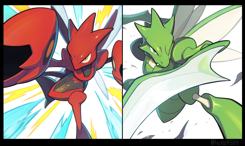 black_border border closed_mouth commentary_request fang fang_out gen_1_pokemon gen_2_pokemon hata4564 highres no_humans perspective pincers pokemon pokemon_(creature) scizor scyther splitscreen yellow_eyes