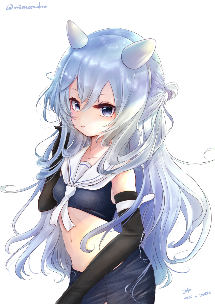 1girl absurdres black_gloves blue_eyes crop_top elbow_gloves flat_chest gloves highres i-203_(kancolle) kantai_collection light_blue_hair long_hair midriff mimeowho navel neckerchief solo swimsuit white_neckwear