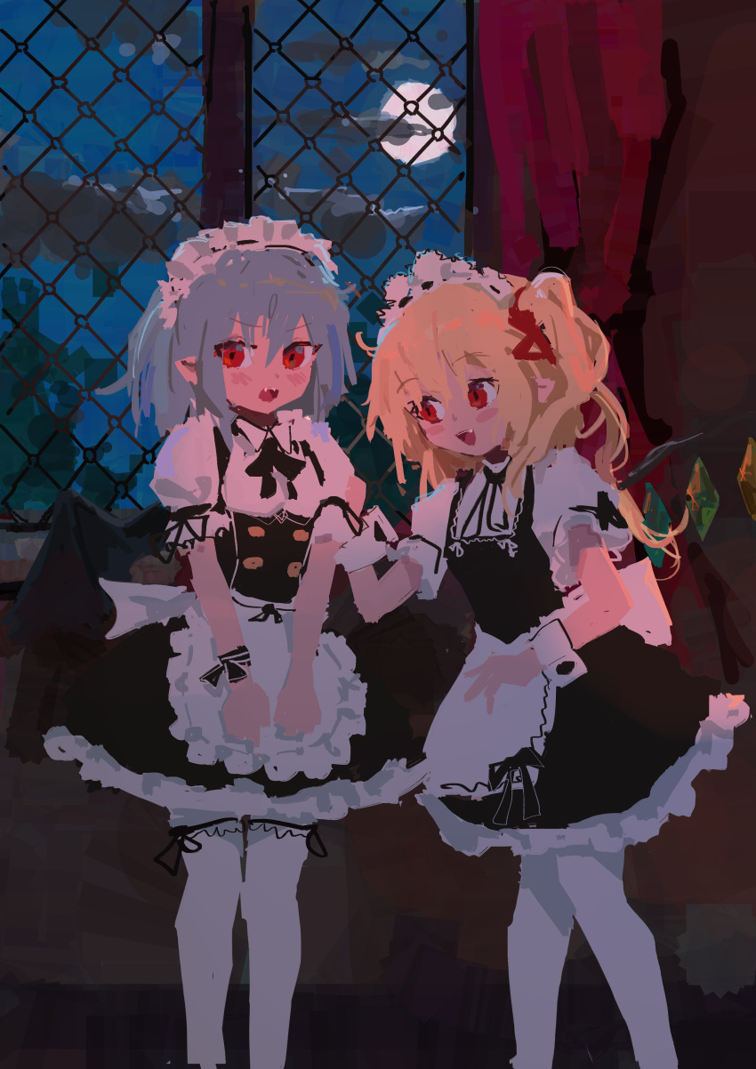 2girls absurdres alternate_costume apron aqua_hair bangs black_dress black_neckwear blonde_hair blush buttons clenched_hands clouds cloudy_sky dress fangs flandre_scarlet hands_together highres looking_at_viewer maid maid_apron maid_day maid_headdress moon multiple_girls night night_sky no_lineart one_side_up open_mouth own_hands_together puffy_short_sleeves puffy_sleeves red_eyes reddizen remilia_scarlet ribbon short_hair short_sleeves side_ponytail sky thigh-highs touhou waist_bow window wrist_cuffs wrist_ribbon