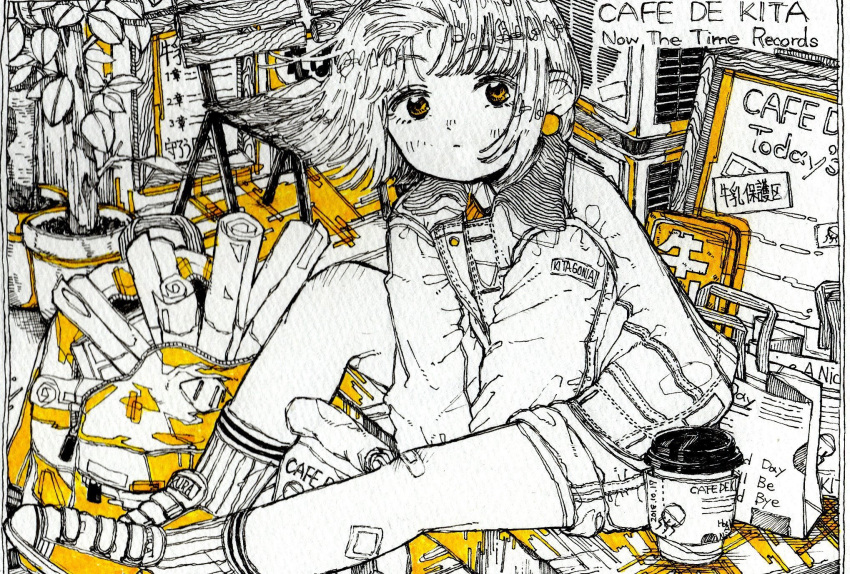 1girl chair cup earrings english_text highres jacket jewelry kitamurashu leaf monochrome original plant potted_plant shoes short_hair socks solo spot_color traditional_media white_hair white_jacket white_legwear yellow_eyes yellow_footwear