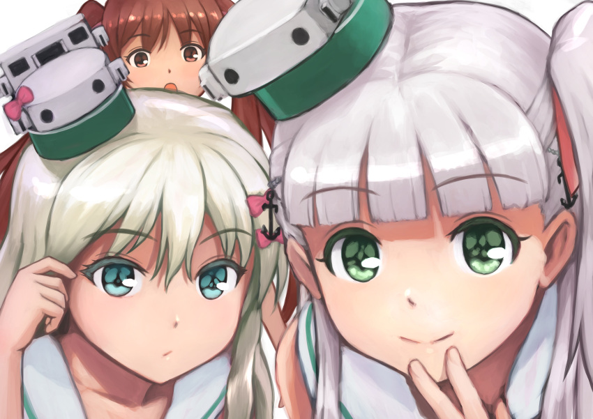 3girls absurdres anchor_hair_ornament bangs blonde_hair blue_eyes blunt_bangs brown_eyes brown_hair close-up closed_mouth eyebrows_visible_through_hair grecale_(kancolle) green_eyes hair_ornament hair_ribbon hat highres kantai_collection libeccio_(kancolle) long_hair looking_at_viewer maestrale_(kancolle) multiple_girls one_side_up porupurucha ribbon sailor_collar simple_background sleeveless smile twintails white_background white_hair white_sailor_collar