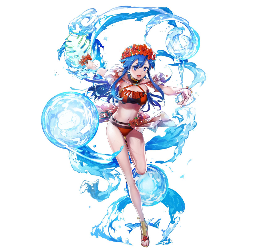 1girl bangs bare_arms bikini blue_eyes blue_hair bracelet breasts bunbun fire_emblem fire_emblem:_the_binding_blade fire_emblem_heroes flower full_body hair_ornament hands_up head_wreath hibiscus highres holding jewelry leaf leg_up lilina_(fire_emblem) long_hair medium_breasts navel official_art open_mouth red_bikini sandals shiny shiny_hair solo stomach swimsuit thighs toeless_footwear toes transparent_background updated_art water water_drop