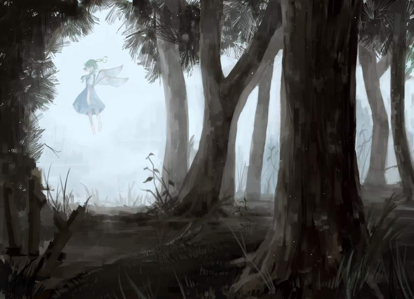 1girl bare_tree blue_dress clouds cloudy_sky daiyousei dress fairy fairy_wings floating fog forest full_body green_hair grey_sky highres landscape long_hair nature outdoors puffy_sleeves ribbon sakishima_(sakisima_00) scenery sky solo touhou tree wings yellow_ribbon